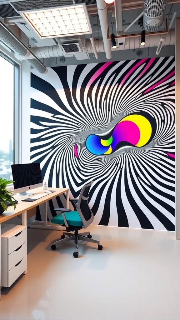 An office workspace with a striking accent wall featuring black and white swirling stripes and colorful dots.