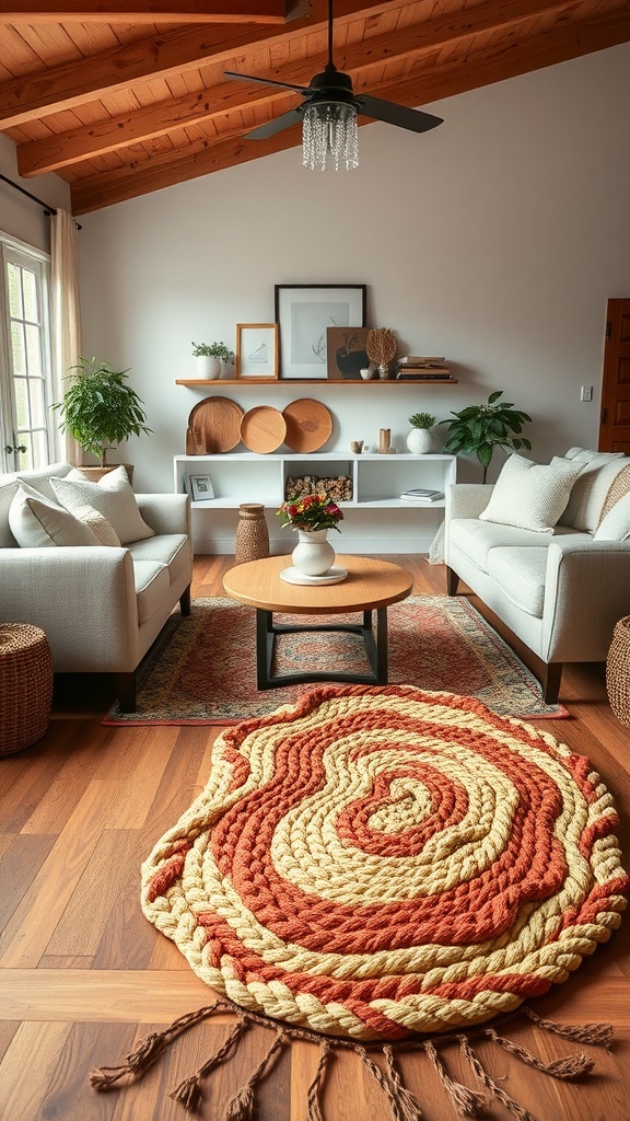 Cozy modern farmhouse living room with a braided rug, showcasing warm colors and natural decor.