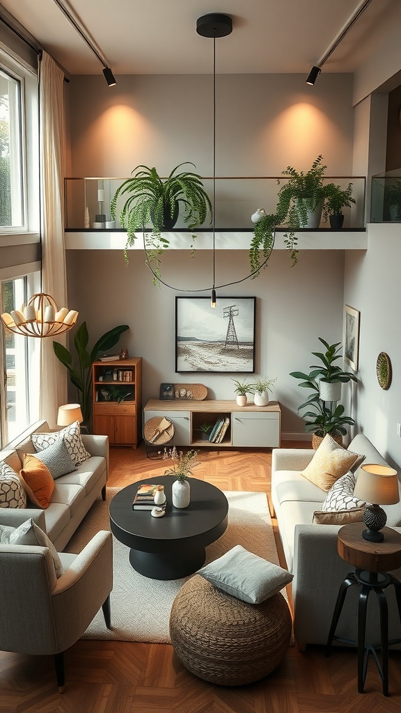 Cozy living room with plants, comfortable seating, and warm lighting