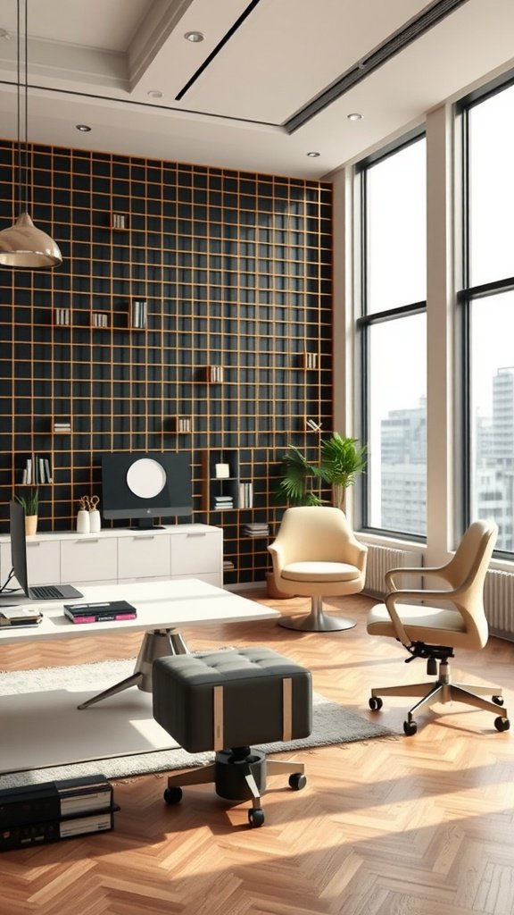 A modern office with an industrial black and gold grid accent wall, featuring stylish furniture and large windows.