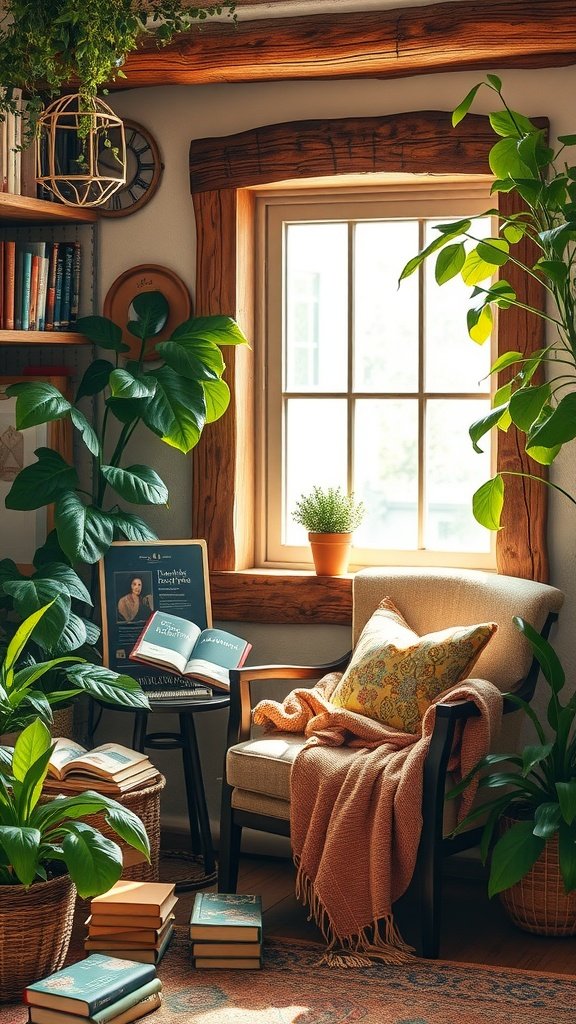 A cozy reading nook with a wooden window frame, plants, a comfortable chair, and books arranged around