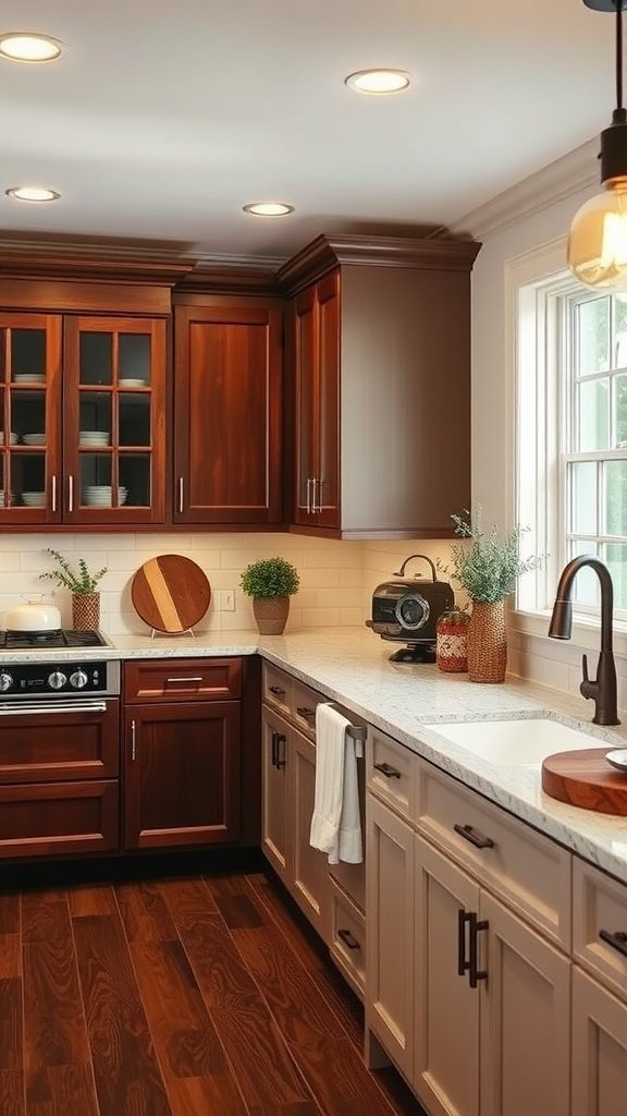 A cozy kitchen featuring shaker mahogany and shaker xpresso cabinets with granite countertops, showcasing a harmonious blend of warm and modern design elements.