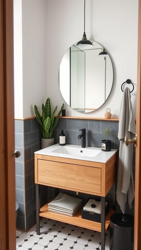 Stylish bathroom featuring Godmorgon and Odensvik sink with round mirror and plants