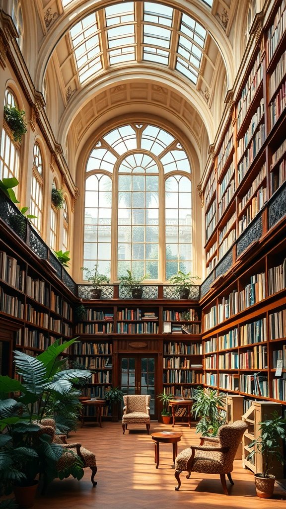 Elegant atrium library with an arched window, showcasing tall bookshelves, plush seating, and indoor plants.
