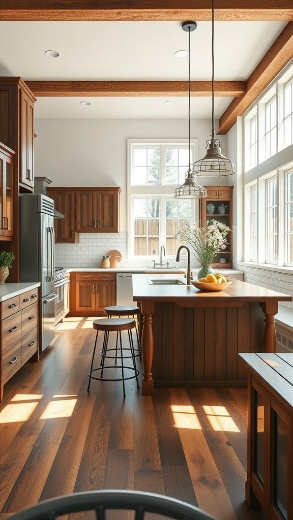 A cozy farmhouse kitchen with modern elements, featuring wooden cabinetry, an island, and large windows.