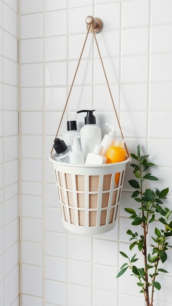 A white bucket organizer filled with bath products hanging on a bathroom wall.