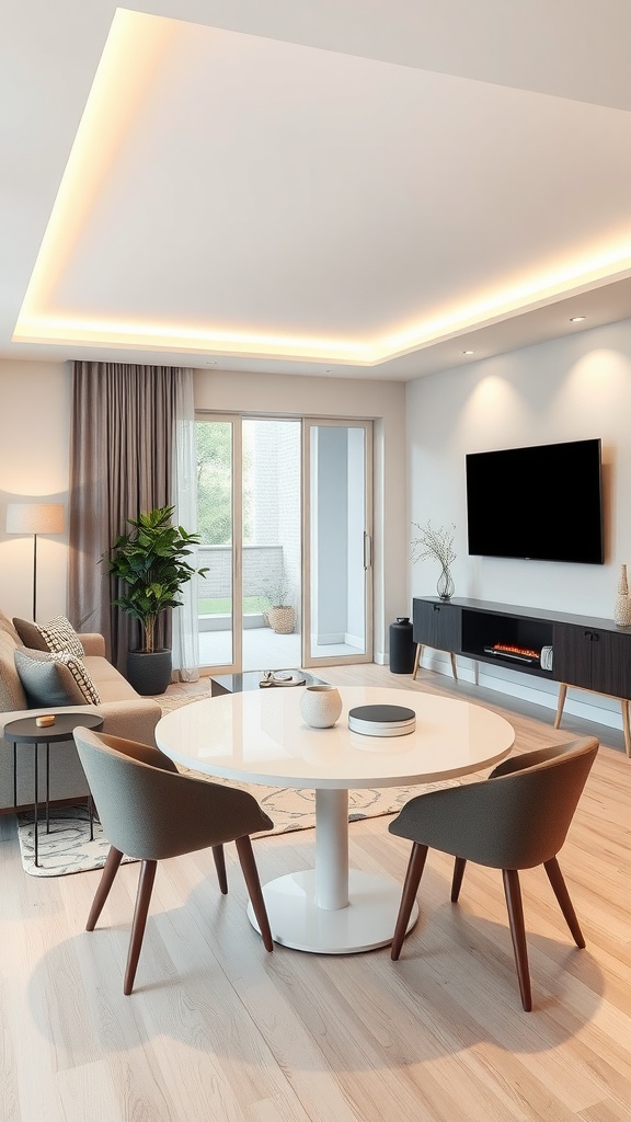 A modern living room-dining room combo featuring smart technology integration.