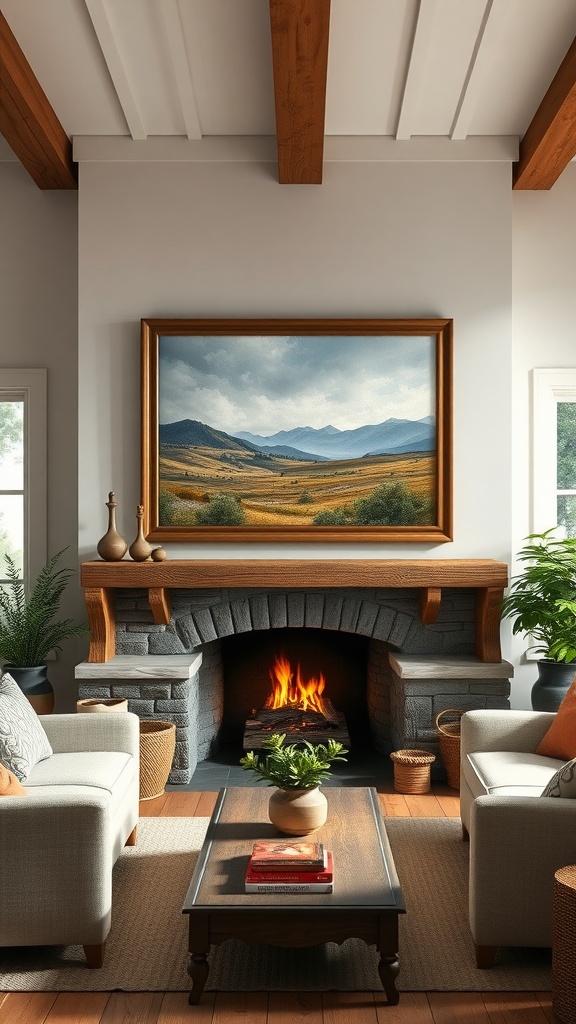 A cozy living room featuring an old-fashioned oil painting of a landscape above a stone fireplace, with comfortable sofas and plants.