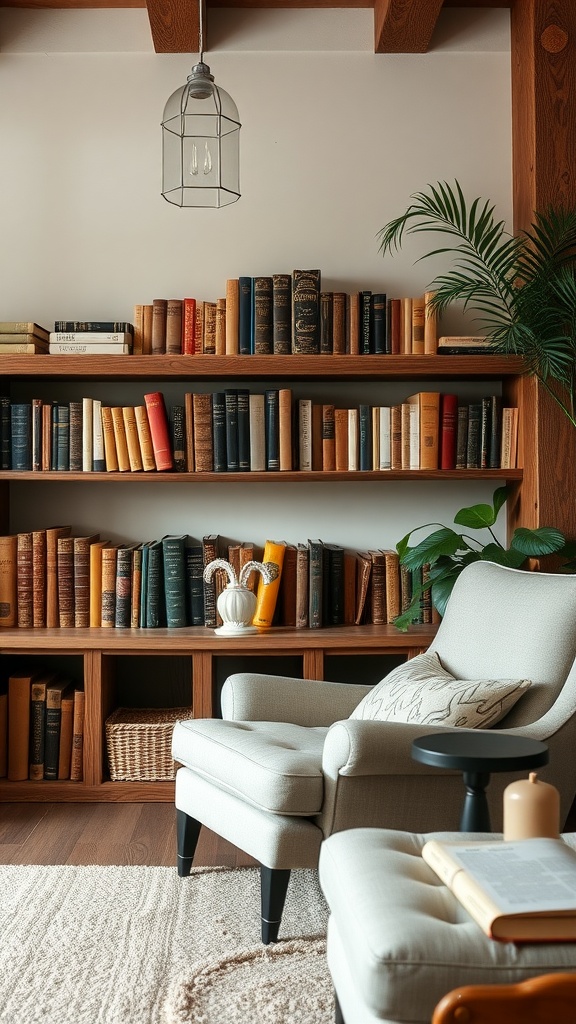 A cozy living room with vintage books on wooden shelves, a comfortable chair, and a pendant lamp