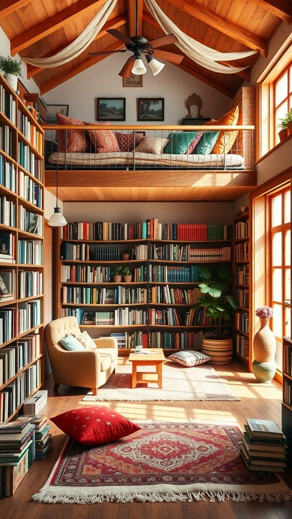 Cozy library room with a loft, bookshelves, a reading nook, and vibrant rugs.