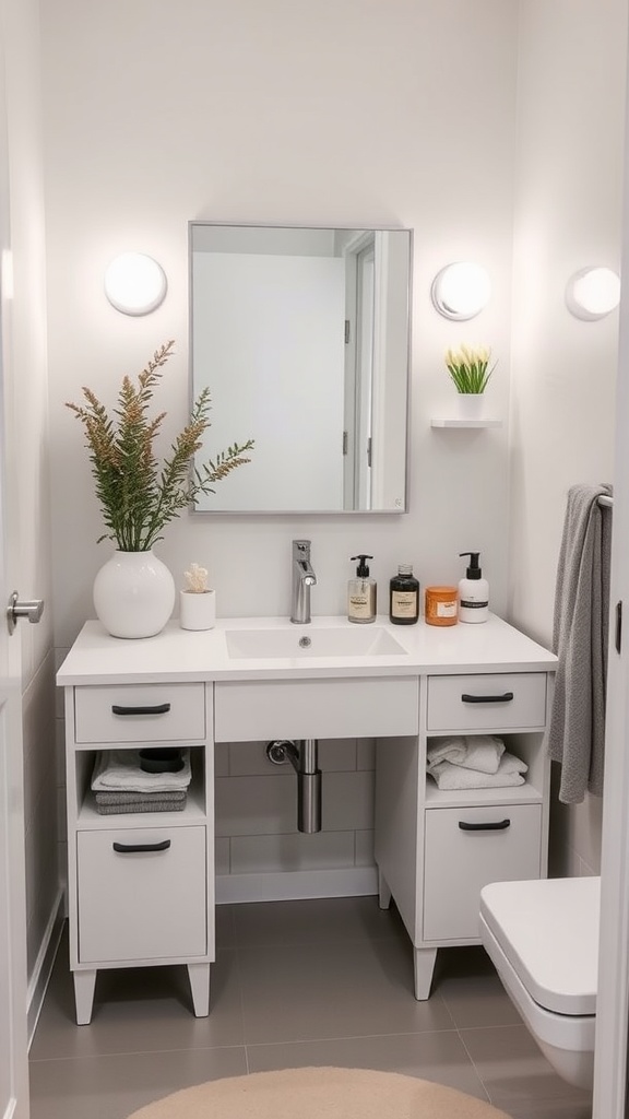 A modern and classy bathroom vanity with white finish, plants, and organized storage.