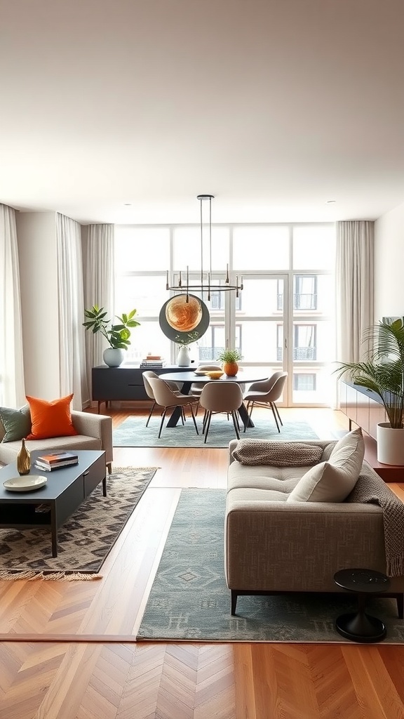 A stylish living room-dining room combo featuring a cozy sofa, a sleek dining table, vibrant decor, and plants.