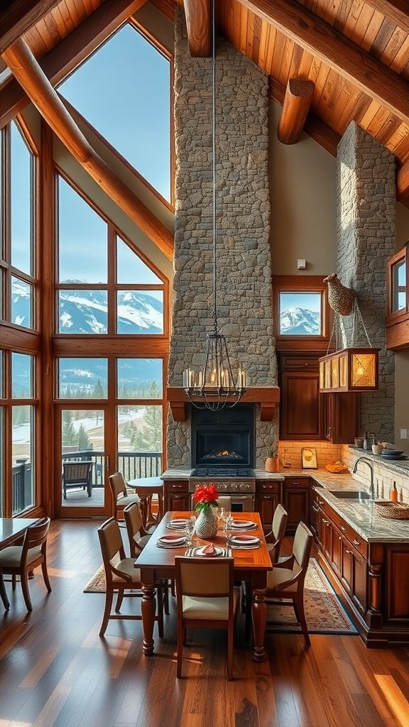 A cozy modern kitchen in a mountain setting with large windows and rustic decor