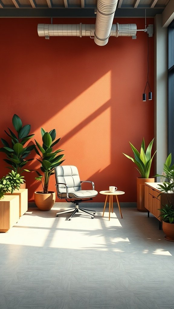 Office space featuring a terracotta wall, plants, and modern furniture.