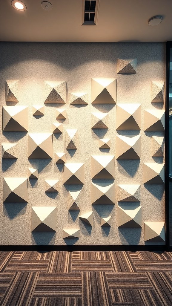 A wall featuring 3D geometric wall panels in neutral tones, creating a modern and dimensional effect.
