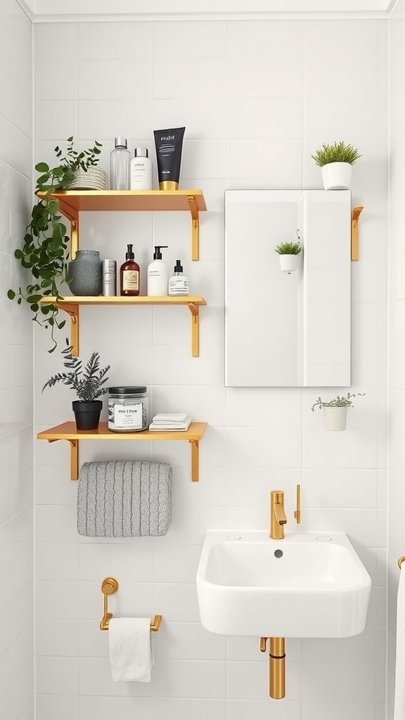 Chic golden shelves in a modern bathroom with various toiletries and a plant.