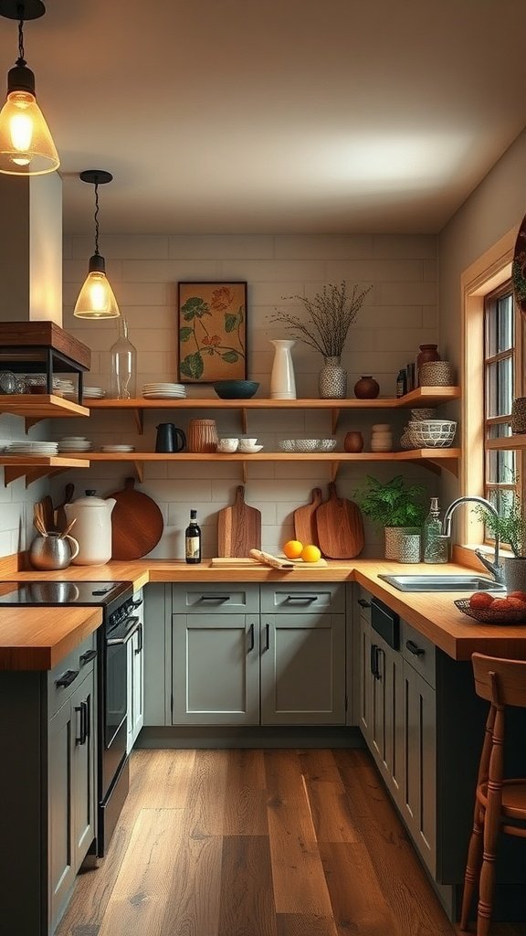 A cozy kitchen featuring butcher block countertops, open shelves with dishware, and soft pendant lighting.