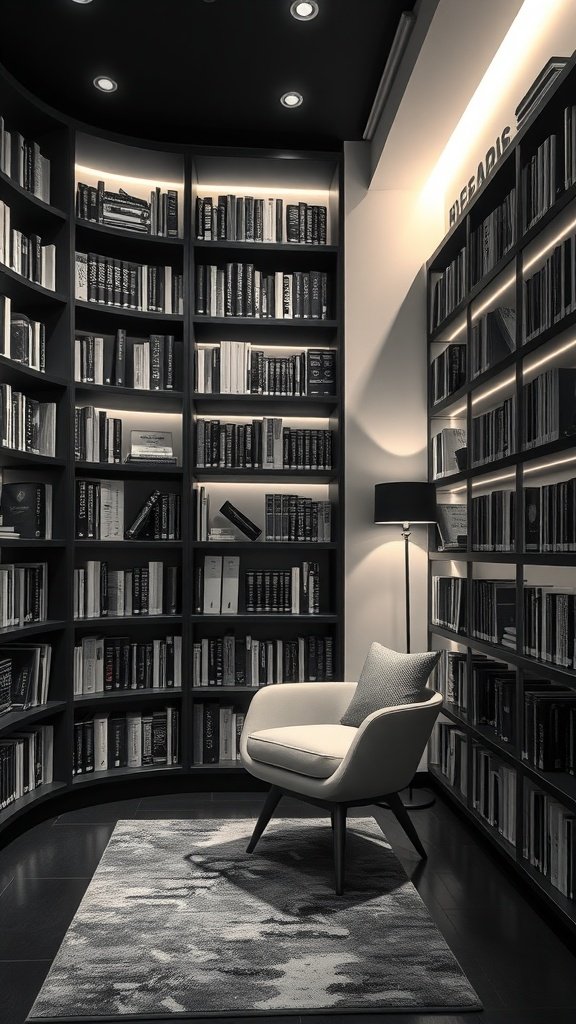 A cozy monochrome library with bookshelves, a comfortable chair, and soft lighting.