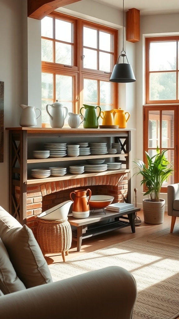 Living room featuring enamelware pitchers and basins on open shelving with large windows