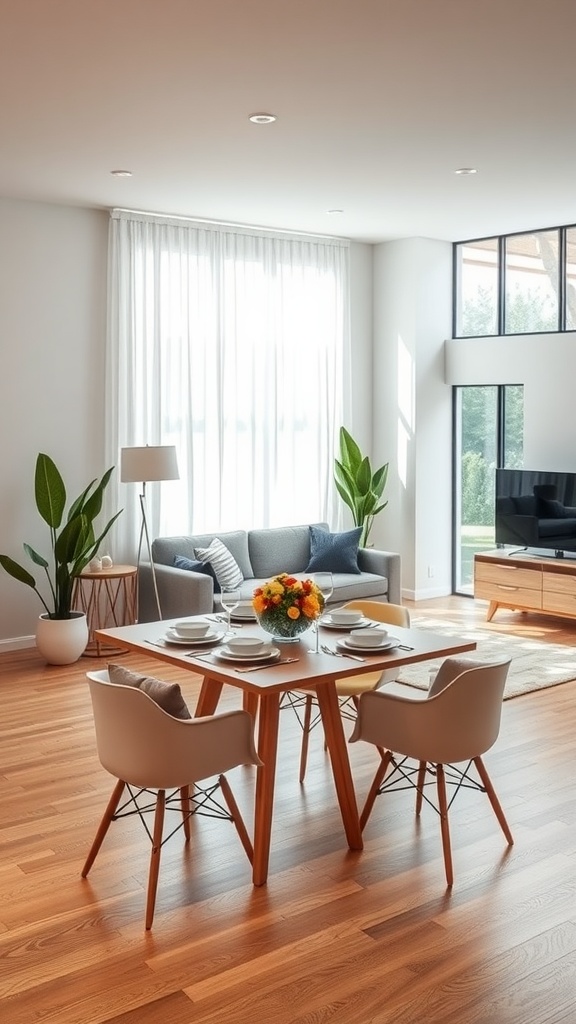A bright living room-dining room combo featuring a modern sofa, dining table with chairs, and plants.