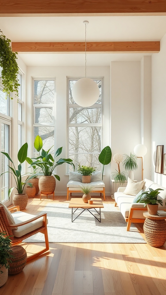 A bright living room with large windows filled with plants, showcasing biophilic design.