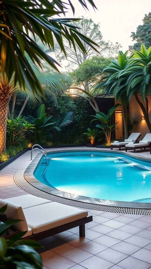 A serene health spa swimming pool surrounded by tropical plants and lounge chairs.