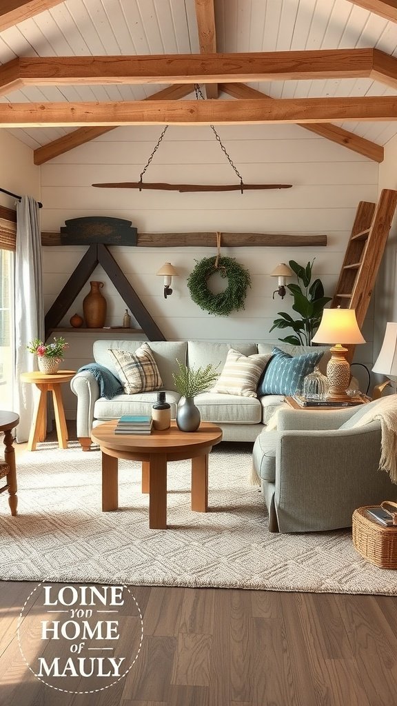 Cozy farmhouse living room with a soft area rug and wooden accents