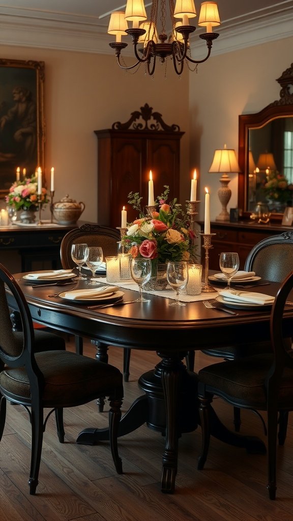 A classic dining room featuring an elegant round table, antique chairs, and soft lighting from a chandelier and lamps.