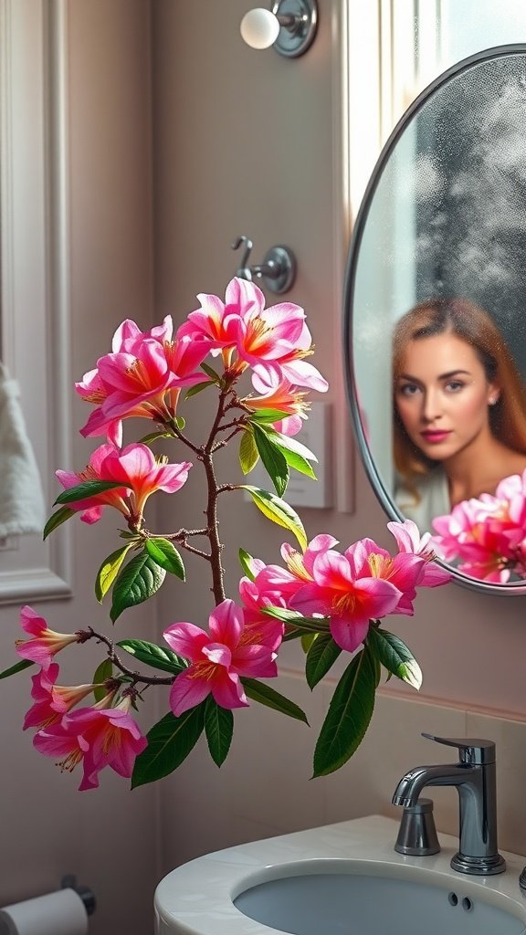 A beautiful Azalea plant with pink flowers displayed in a bathroom near a mirror, reflecting a woman.