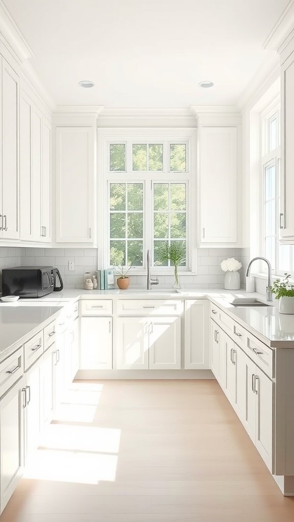 Spacious kitchen with all white cabinets and natural light
