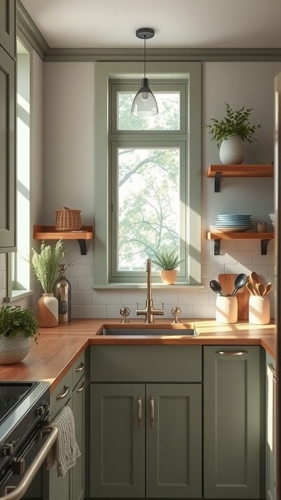 Cozy kitchen with sage green cabinets and wooden accents