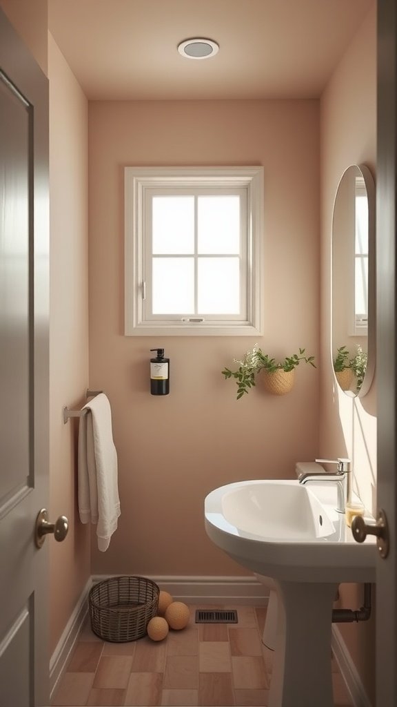 Small bathroom with beige walls and natural light, featuring simple decor.
