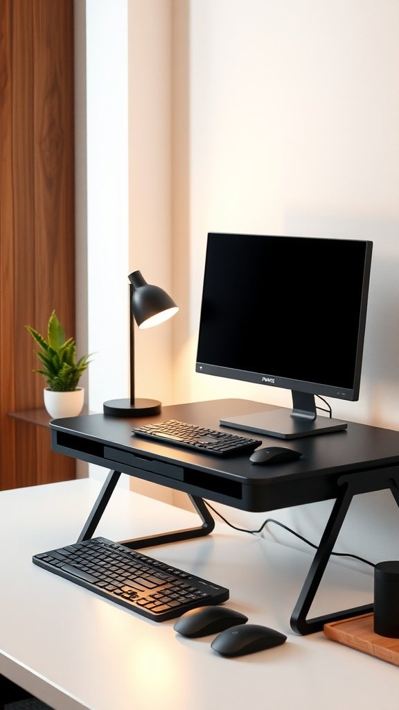 A minimalistic black-themed desk setup featuring a monitor, keyboard, two mice, a lamp, and a small potted plant.