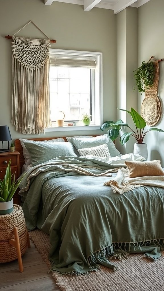A cozy bohemian bedroom with sage green bedding, macramé wall art, and indoor plants.