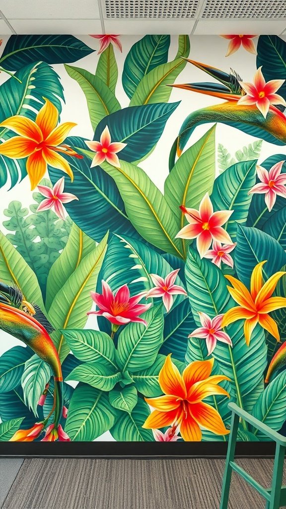 Tropical botanical mural with colorful flowers and green leaves on an office wall