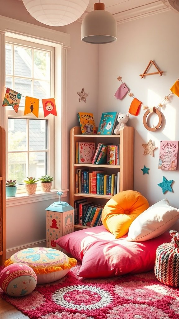 A colorful reading nook for kids with cushions, books, and decorations