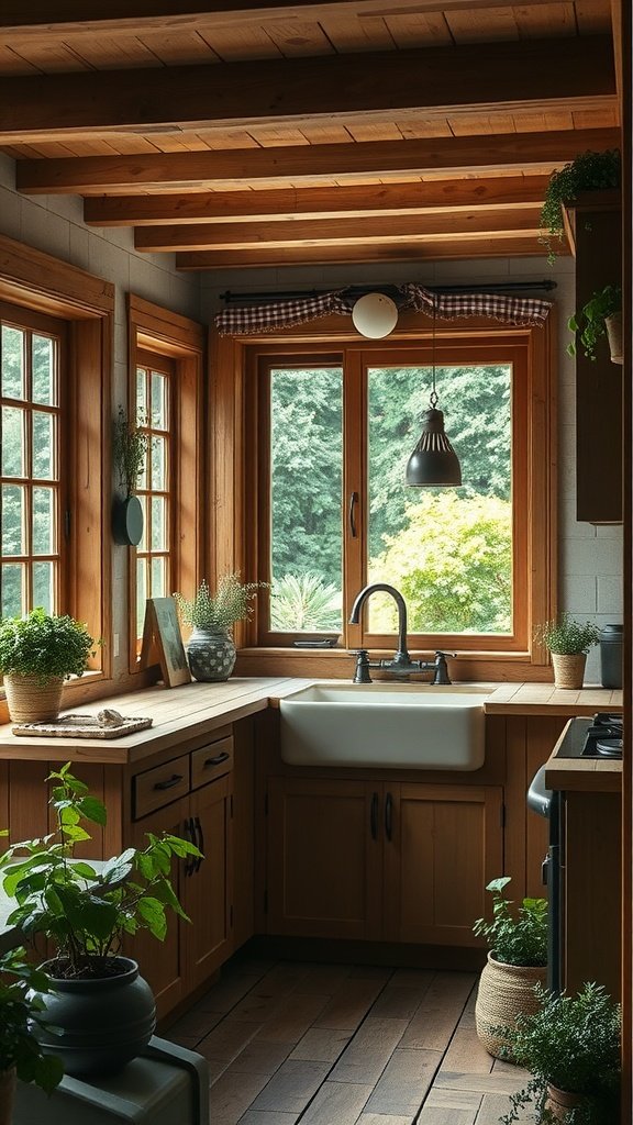 A rustic U-shaped kitchen with wooden beams, large windows, and a farmhouse sink, surrounded by plants.