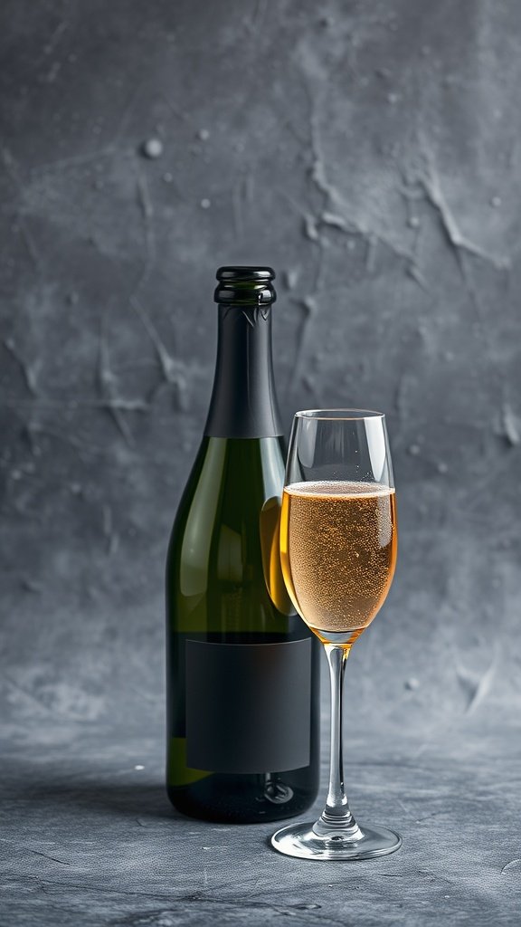 A bottle of champagne and a glass filled with bubbly against a gray background.