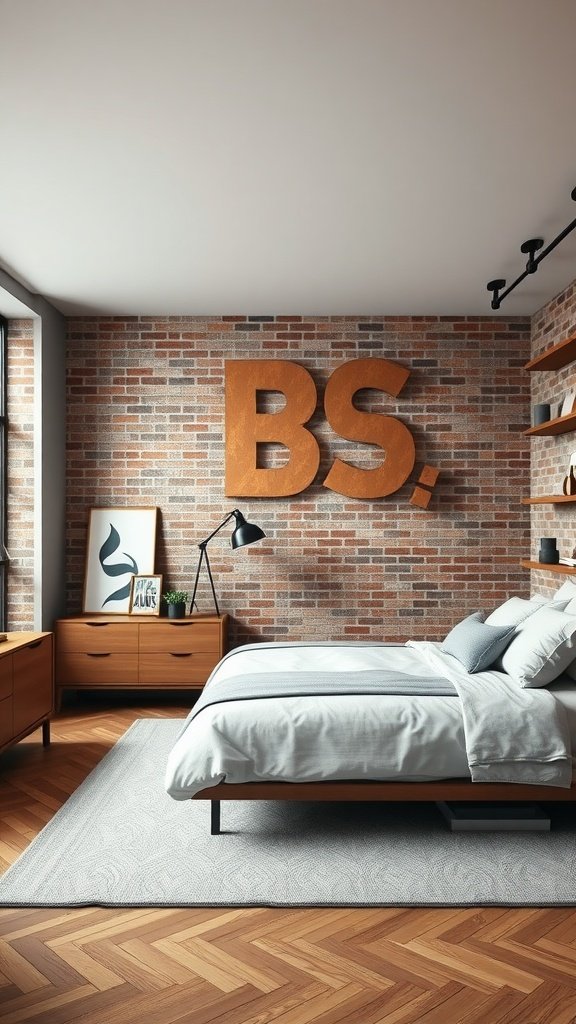 Modern industrial bedroom with neutral colors and wooden accents