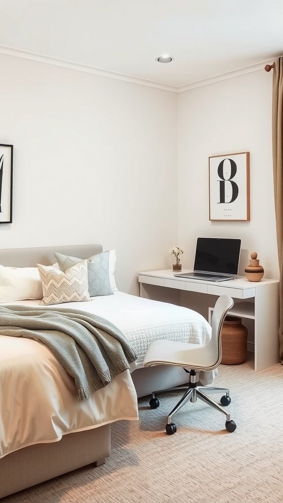 Contemporary guest bedroom with a home office setup, featuring a neutral color palette.