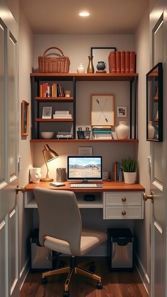 A small closet transformed into an office space with a desk, shelves, and decor.