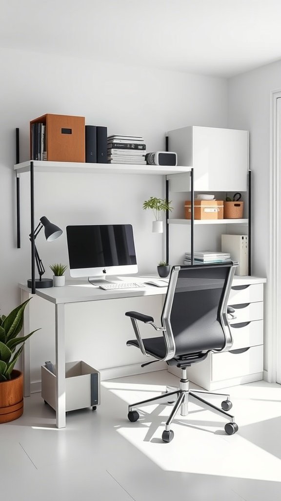 A modern and compact home office setup featuring a desk, ergonomic chair, and organized shelves.
