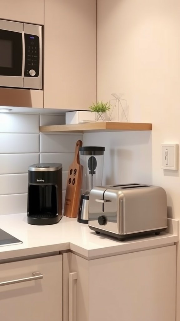 A compact kitchen with smaller-sized appliances including a microwave, coffee maker, blender, and toaster on a white countertop.