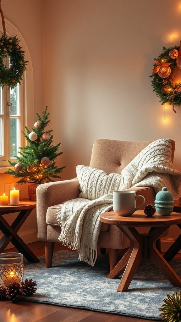 A cozy winter nook featuring a comfortable chair, a warm blanket, a small decorated tree, candles, and festive decorations.