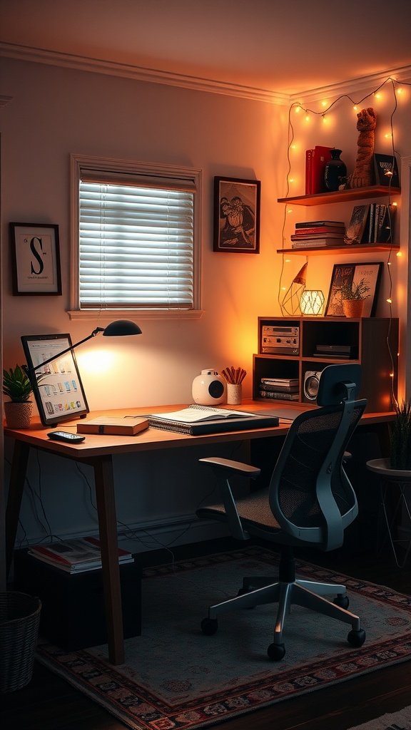 Cozy small home office with warm lighting, a desk with a lamp, and string lights around a shelf.
