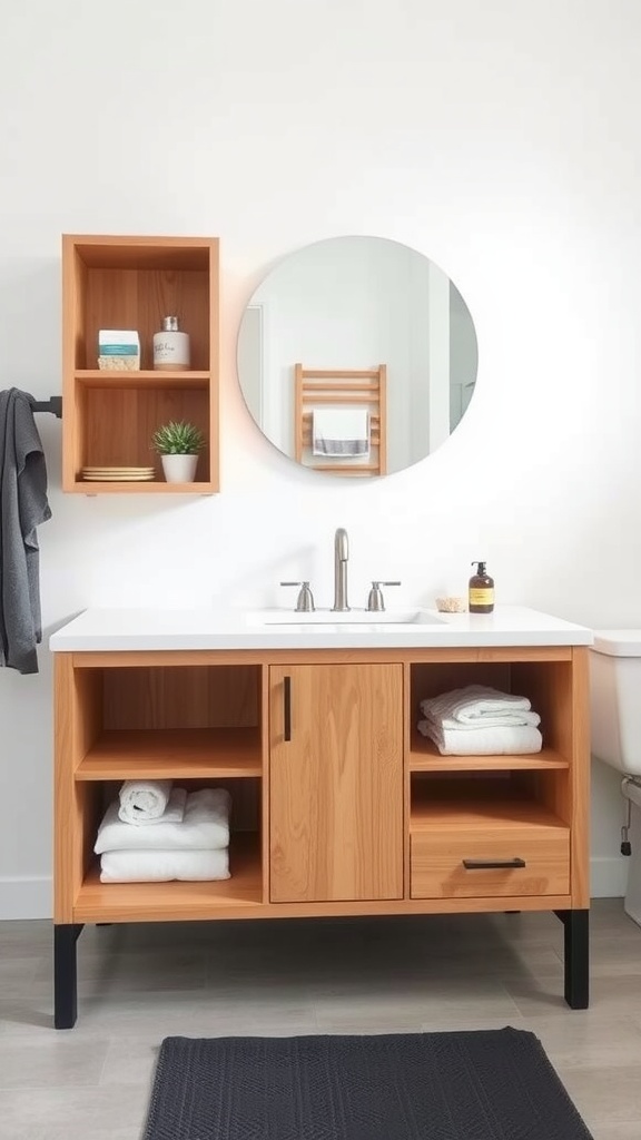 A modern bathroom vanity with wooden finish and open shelves, complemented by a round mirror and decorative items.