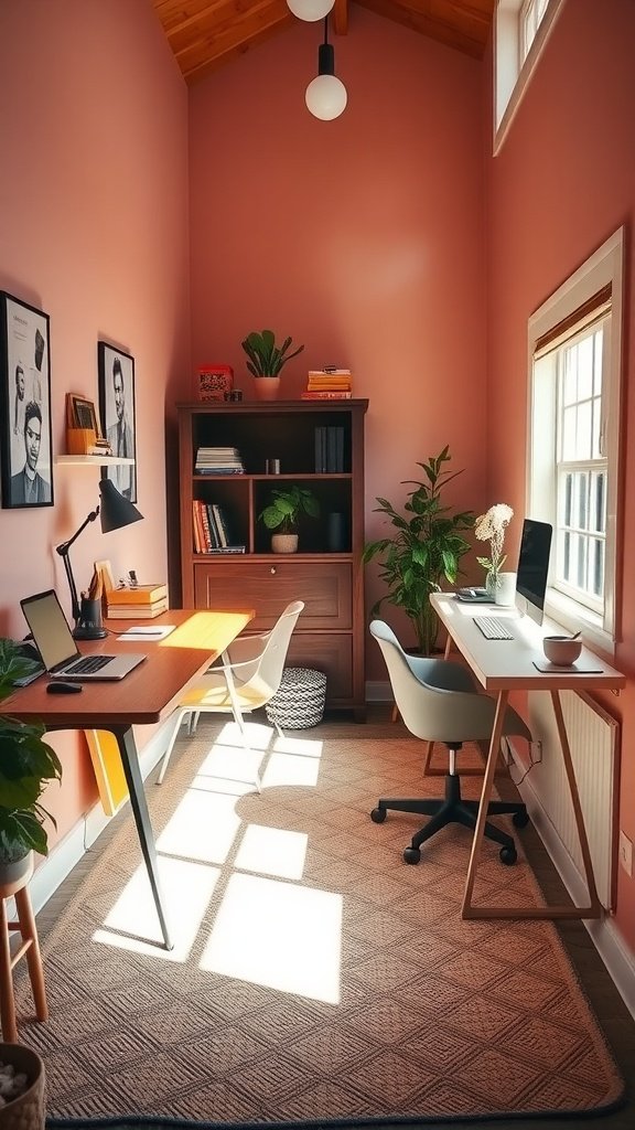 A small home office with two desks along opposite walls, showcasing a warm wooden desk and a modern white desk, surrounded by plants and books.
