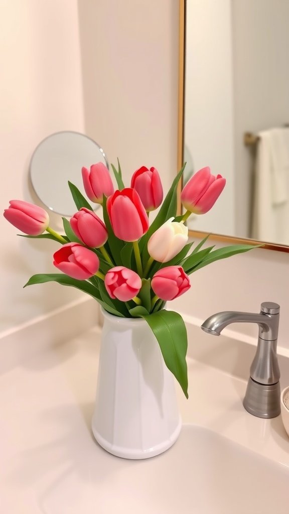 A ceramic pitcher filled with faux tulips on a bathroom counter next to a mirror.