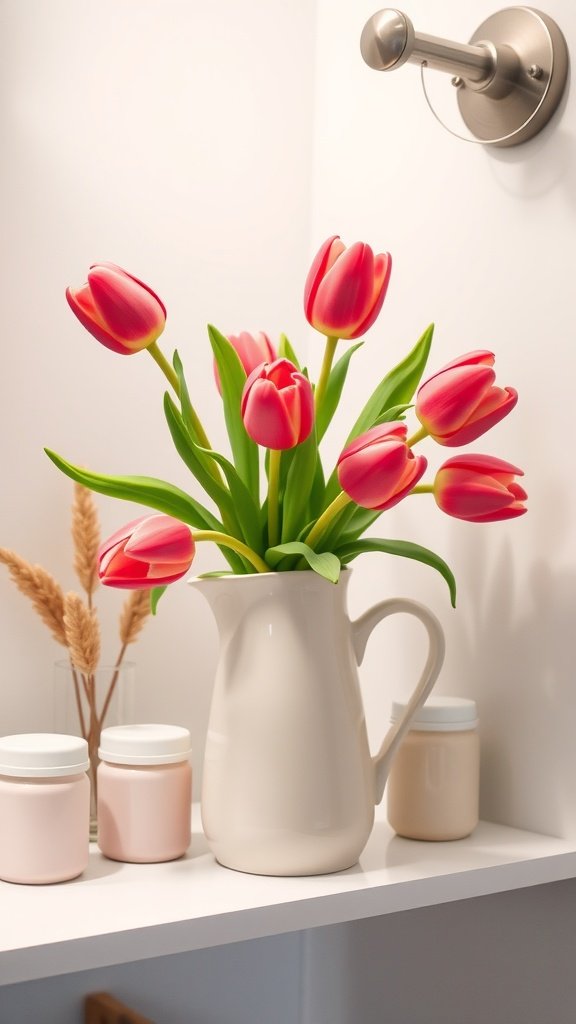 A ceramic pitcher filled with faux tulips on a bathroom shelf