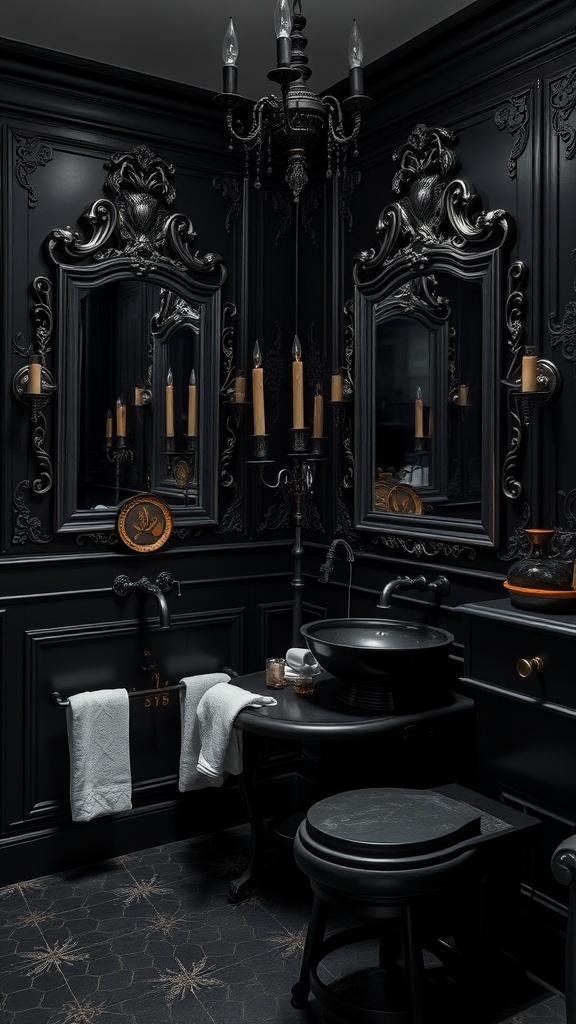 A stylish black bathroom featuring ornate mirrors, vintage lighting, and elegant furnishings.